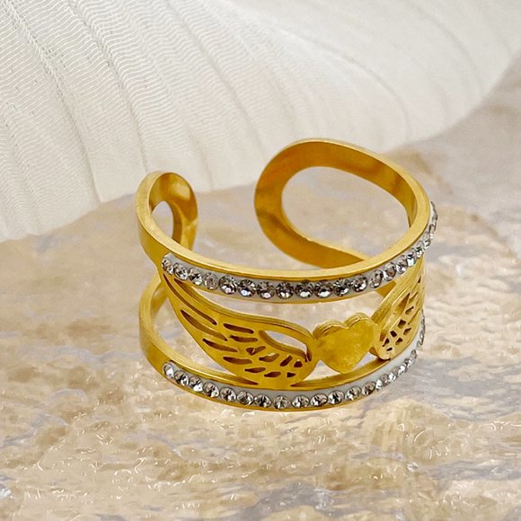 3/$35 Gold Plated Heart Wings Open Ring Stainless Cubic Zirconia Diamond - Picture 7 of 7